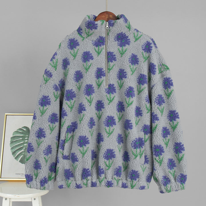 Damen Fleece-Pullover mit floralem Muster und hohem Kragen Drune