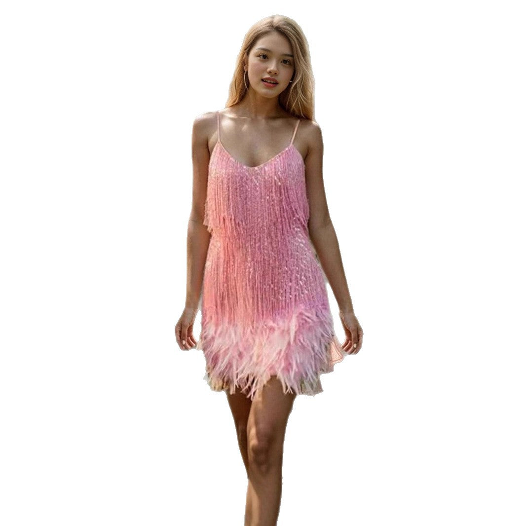 Damen Fransenminikleid mit süßem V-Ausschnitt und verführerischem Design Drune