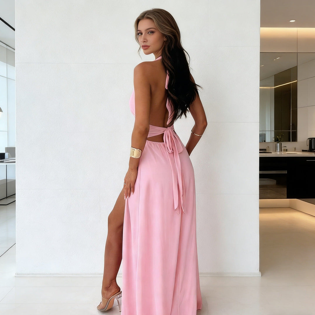 Damen Maxikleid mit tiefem V-Ausschnitt und hohem Schlitz Drune