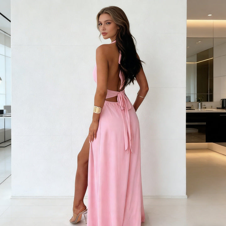 Damen Maxikleid mit tiefem V-Ausschnitt und hohem Schlitz Drune