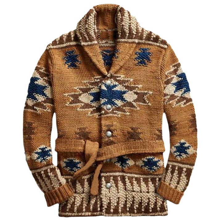 Damen Strickjacke mit beeindruckendem geometrischem Muster und integriertem Gürtel Drune