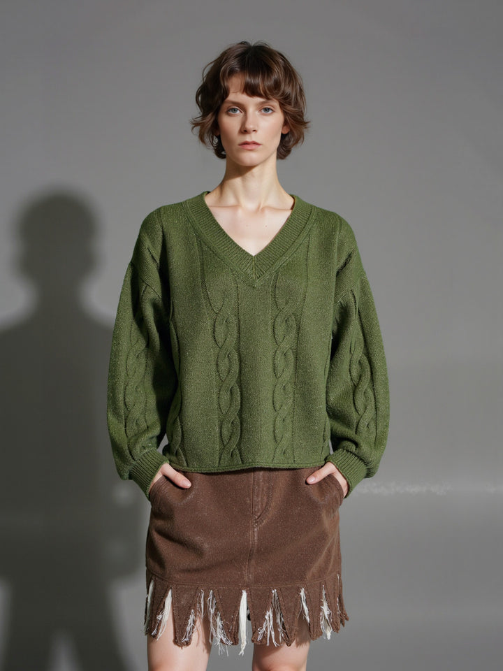 Damen Grobstrickpullover mit V-Ausschnitt und modernen Details Drune