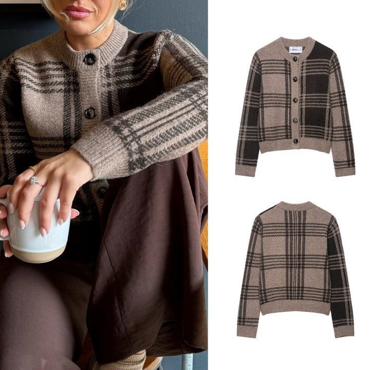 Damen lässige Karostrickjacke mit Knopfverschluss Drune