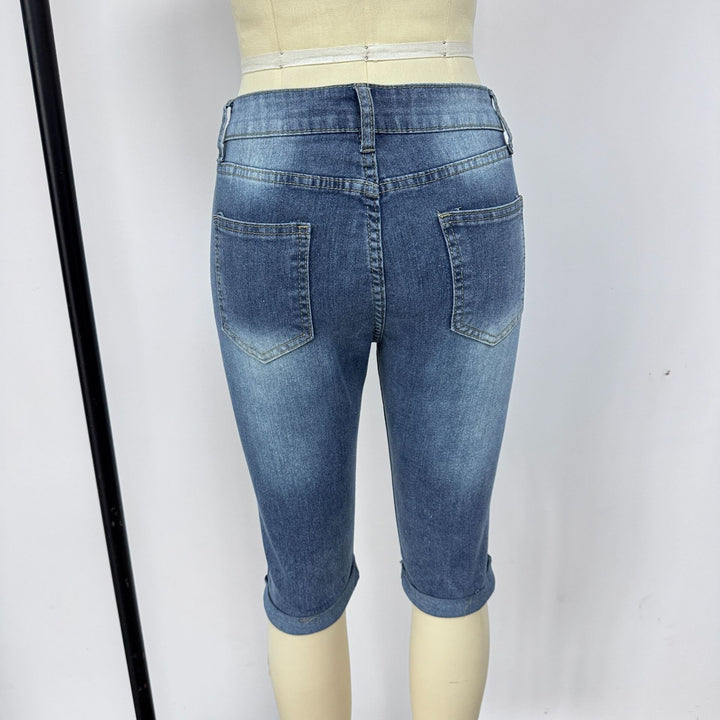 Damen Modische Destroyed Denim-Shorts mit Hohem Bund und Aufgerissenen Details Drune