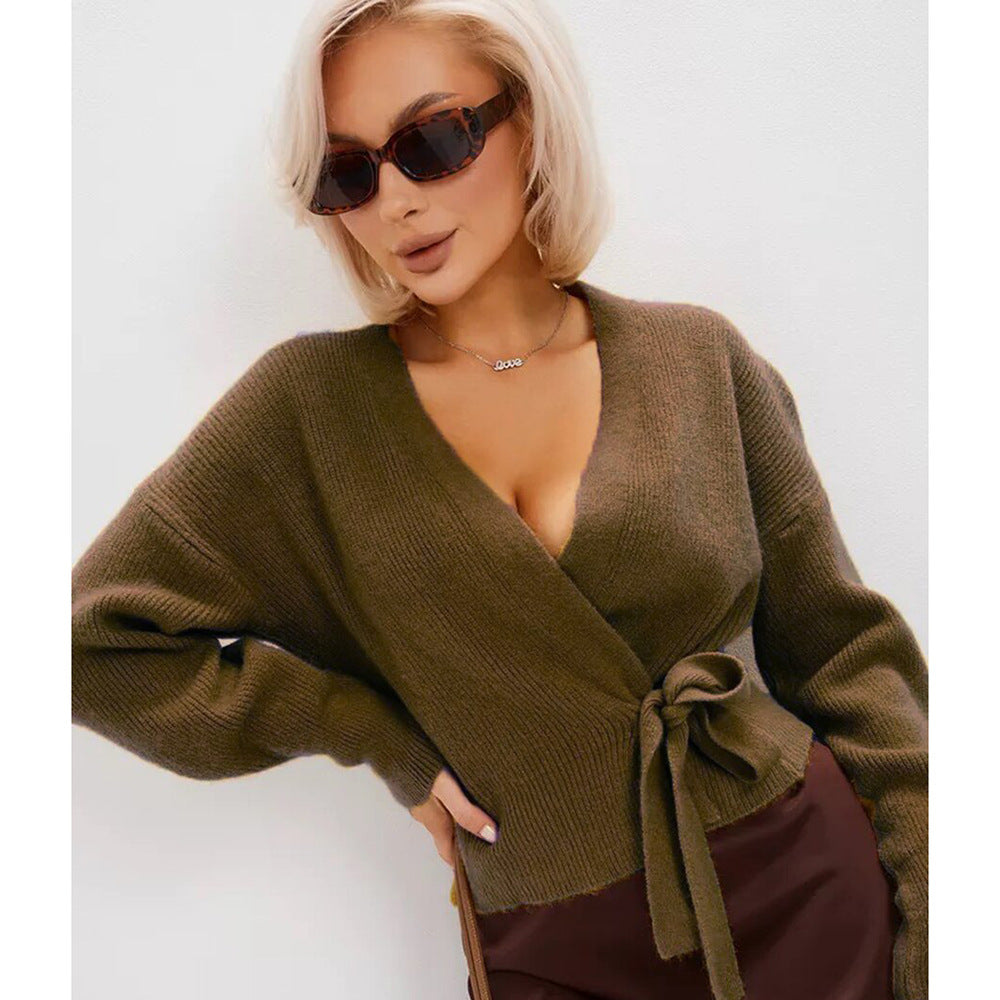 Damen Wickel-Strickjacke mit tiefem V-Ausschnitt und Bindegürtel Drune