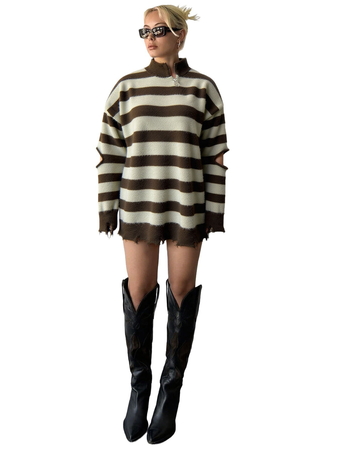 Damen Oversized Strickpullover mit Reißverschluss und seitlichen Cut-Outs Drune