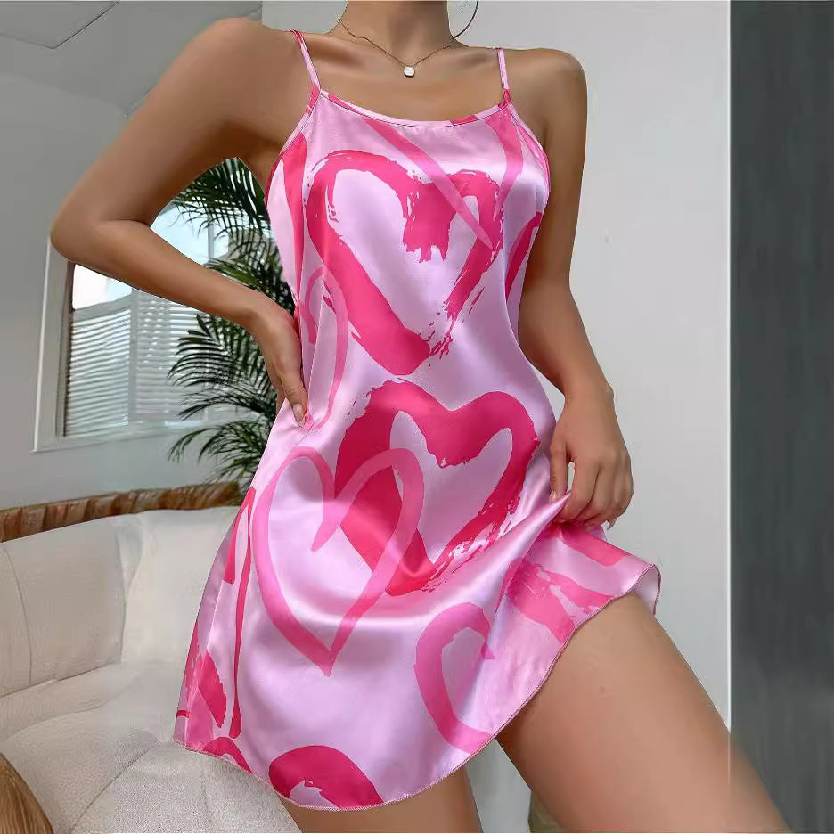 Damen Seidenkleid mit verspielt bedrucktem Herzmuster und schmalen Trägern Drune