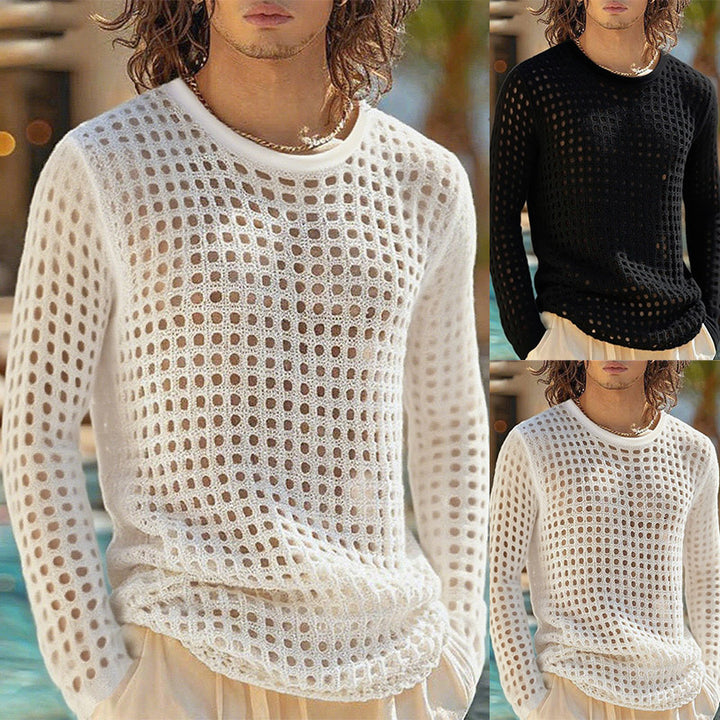 Herren nan luftiger durchbrochener Strickpullover mit quadratischem Netzmuster und Rundhalsausschnitt Drune