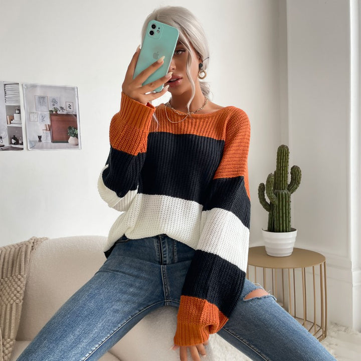 Damen lässiger Strickpullover mit modischem Blockdesign Drune
