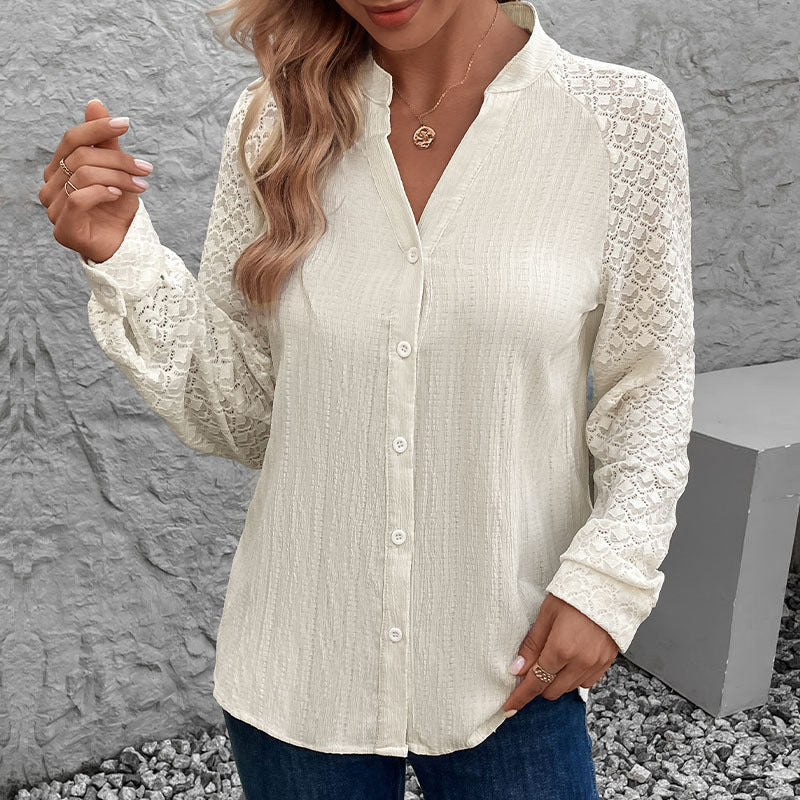 Damen Kunstlederbluse mit Spitzenärmeln und verkürztem Design Drune