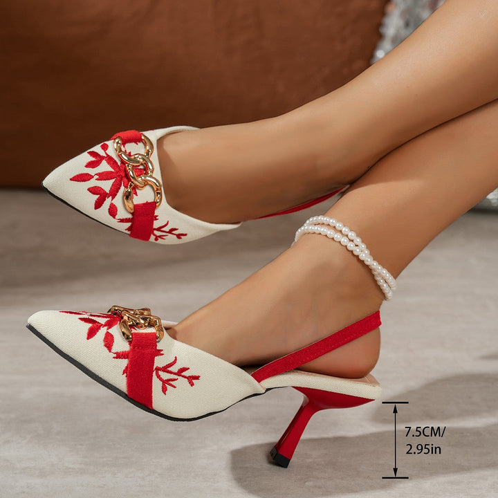Damen Slingback-Pumps mit elegantem Blumenmuster und goldenem Detail Drune