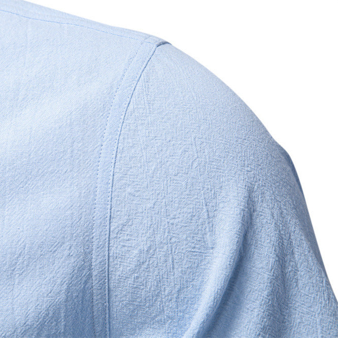 Herren nan lässiges Kurzarmshirt mit Stehkragen, halber Knopfleiste und leicht strukturierter Baumwoll-Leinen-Qualität Drune