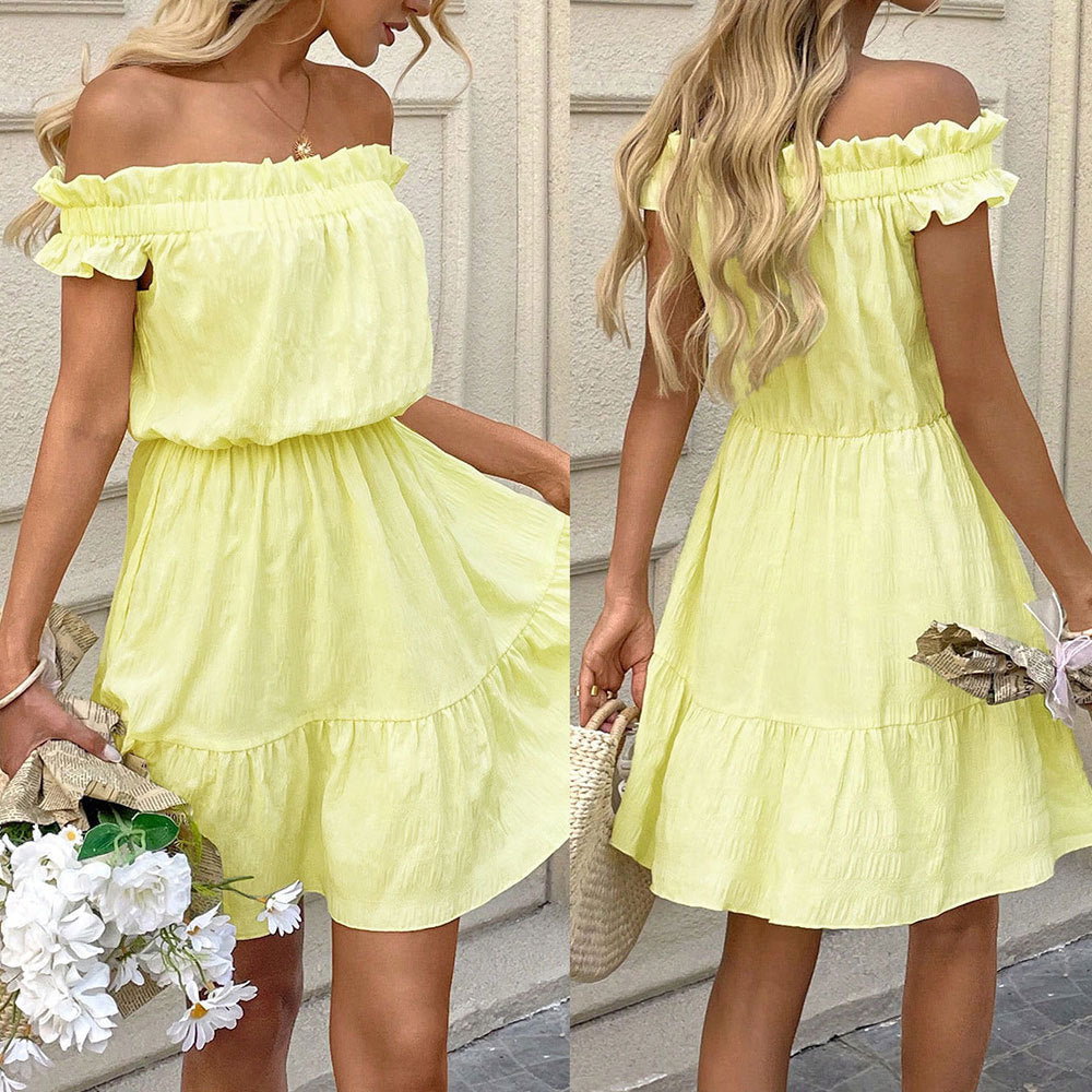 Damen kurzes Sommerkleid mit verspieltem Rüschensaum und schulterfreiem Design Drune