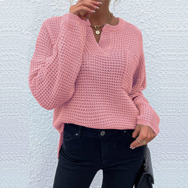 Damen lässiger Strickpullover mit V-Ausschnitt und strukturierter Oberfläche Drune