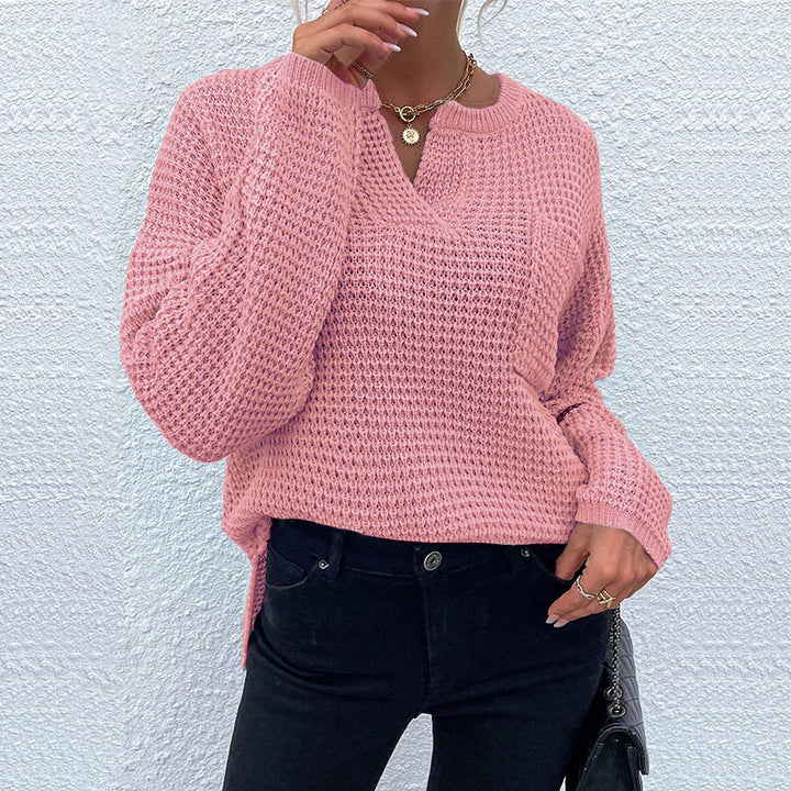 Damen lässiger Strickpullover mit V-Ausschnitt und strukturierter Oberfläche Drune