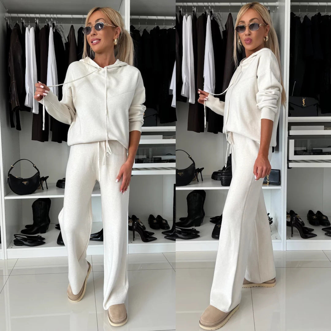 Damen Lässiges Fleece-Hoodie- und weite Hose Set Drune