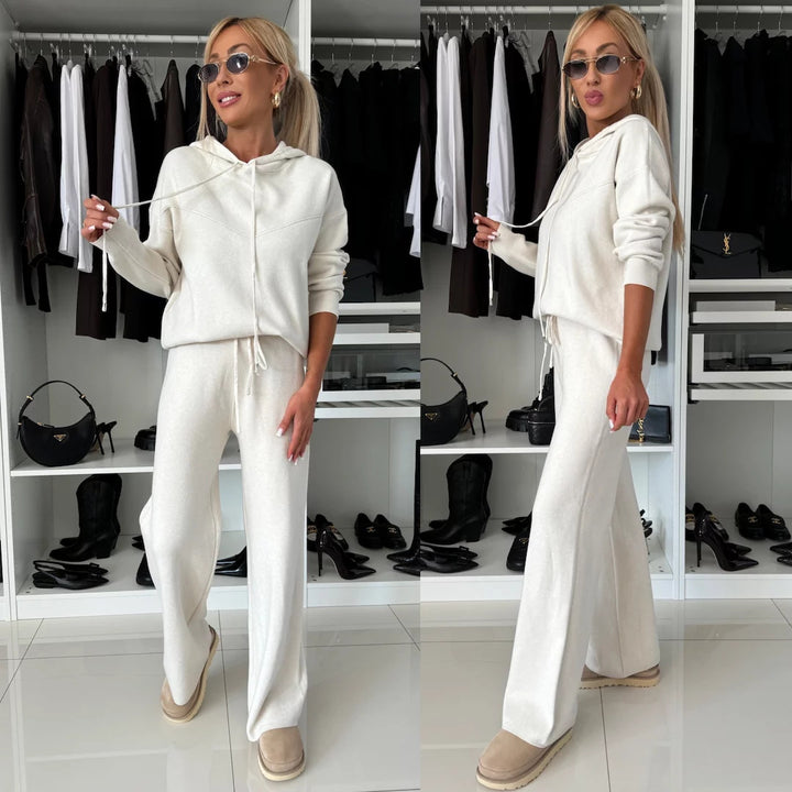 Damen Lässiges Fleece-Hoodie- und weite Hose Set Drune