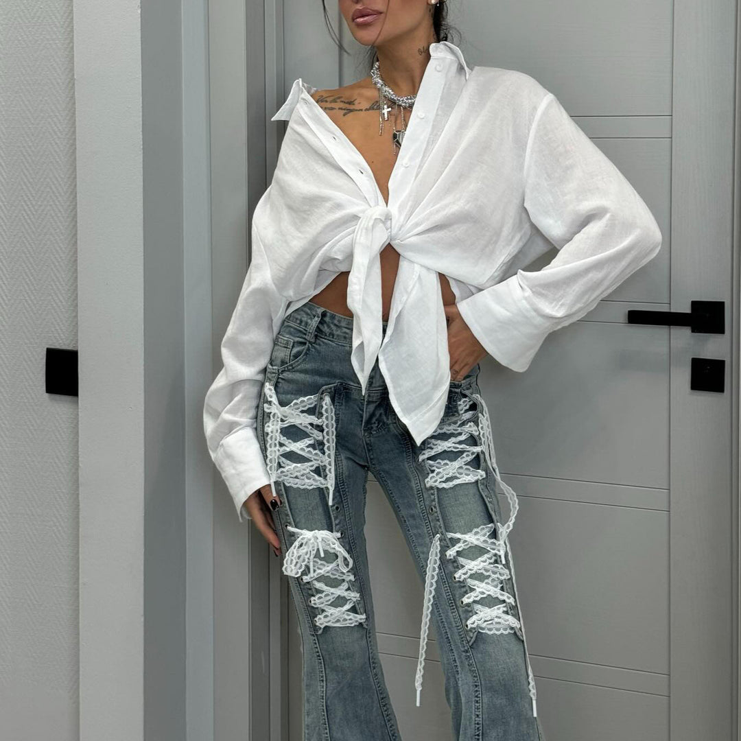 Damen Flared Jeans mit raffiniertem Schnür-Design Drune