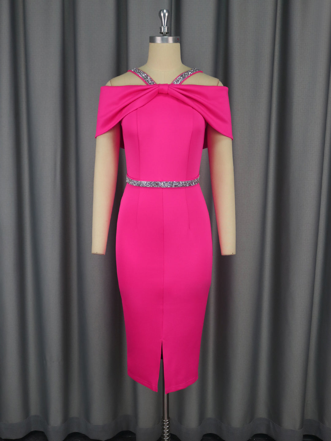 Damen elegantes schulterfreies Midi-Kleid mit funkelndem Taillengürtel Drune