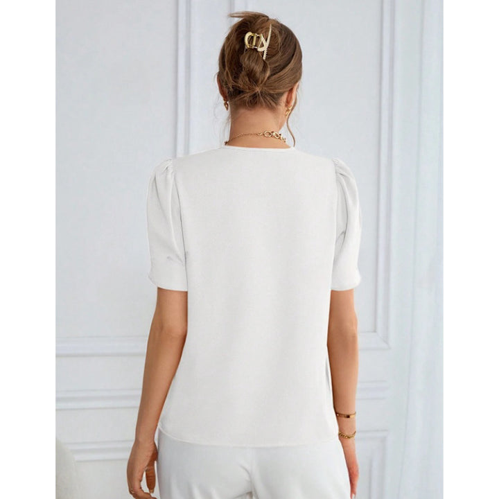 Damen V-Ausschnitt Bluse mit Puffärmeln Drune