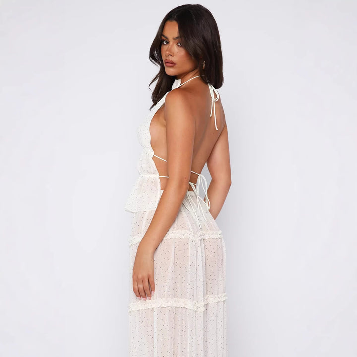 Damen Langärmliges Maxikleid mit elegantem Rüschen-Design und transparentem Stoff Drune