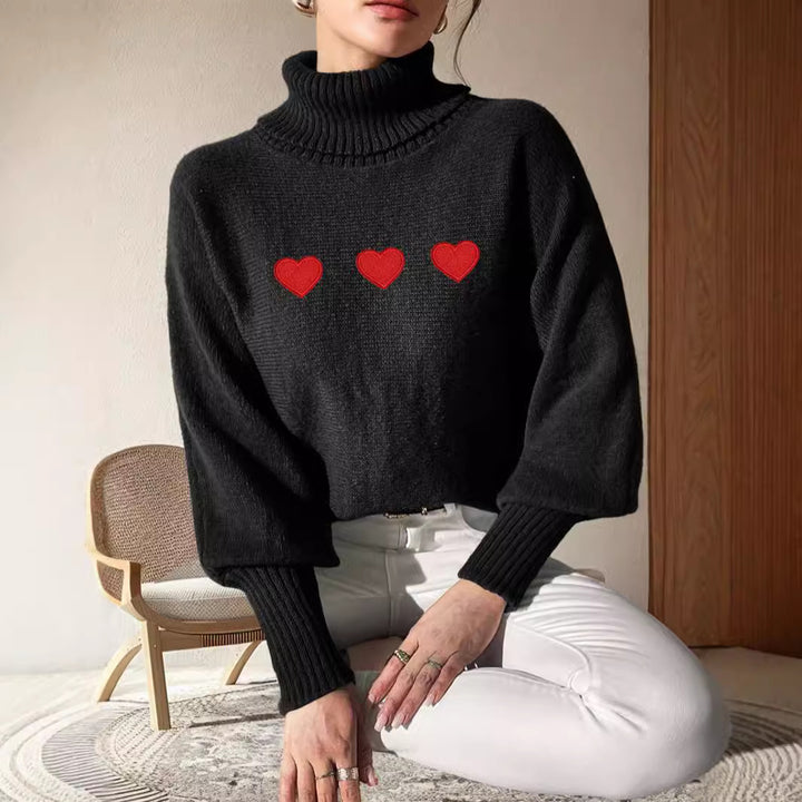 Damen Pullover mit hohem Kragen und verspielten Herzapplikationen Drune
