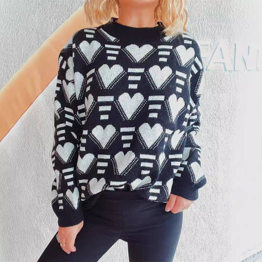 Damen gestrickter Pullover im modernen Herzdesign mit weitem Schnitt Drune