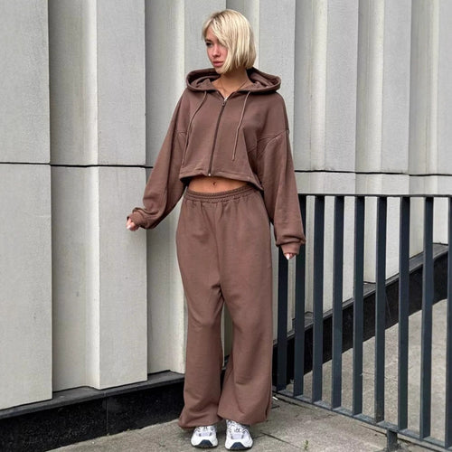 Damen modisches Freizeit-Set aus Kapuzenjacke und weitem High-Waist-Hosen Drune
