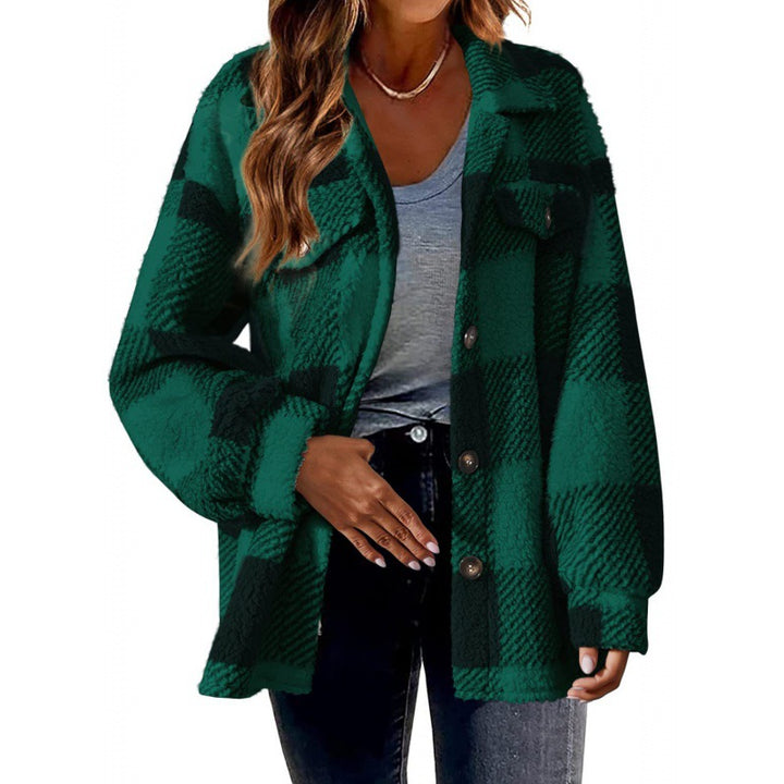 Damen Flauschige Karojacke mit Druckknopfverschluss und praktischen Taschen Drune