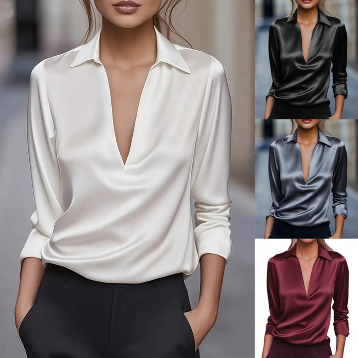 Damen Elegante Bluse mit tiefem V-Ausschnitt und luxuriösem Satin-Finish Drune