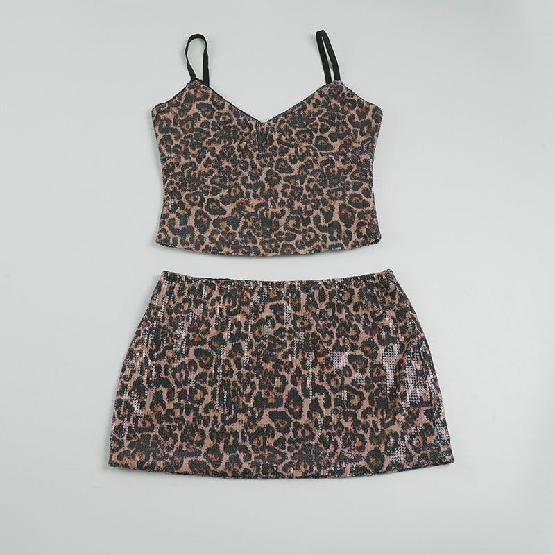 Damen Crop-Top und Minirock-Set mit Leopardenmuster und funkelnden Details Drune