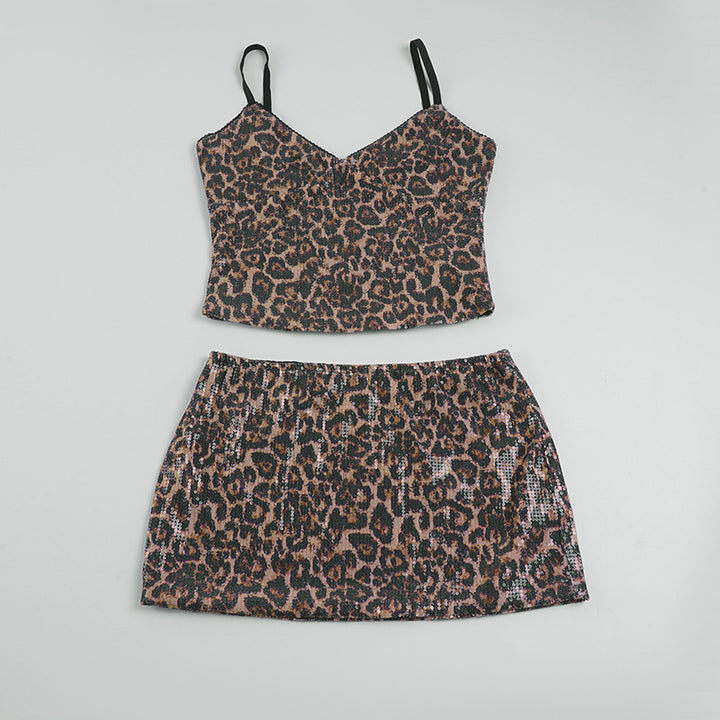 Damen Crop-Top und Minirock-Set mit Leopardenmuster und funkelnden Details Drune