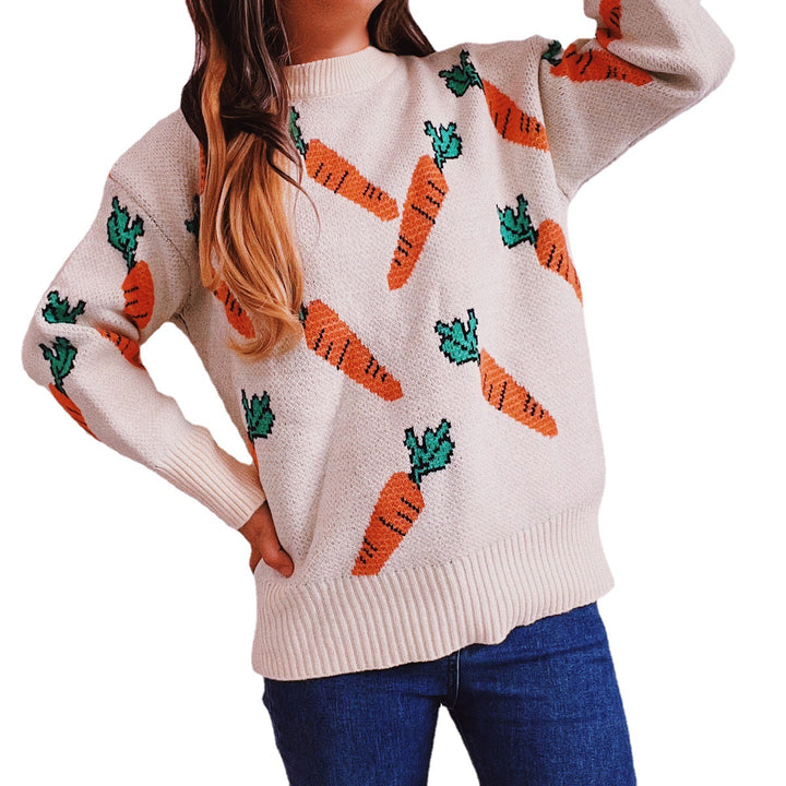 Damen lässiger Pullover mit buntem Karottenmotiv Drune