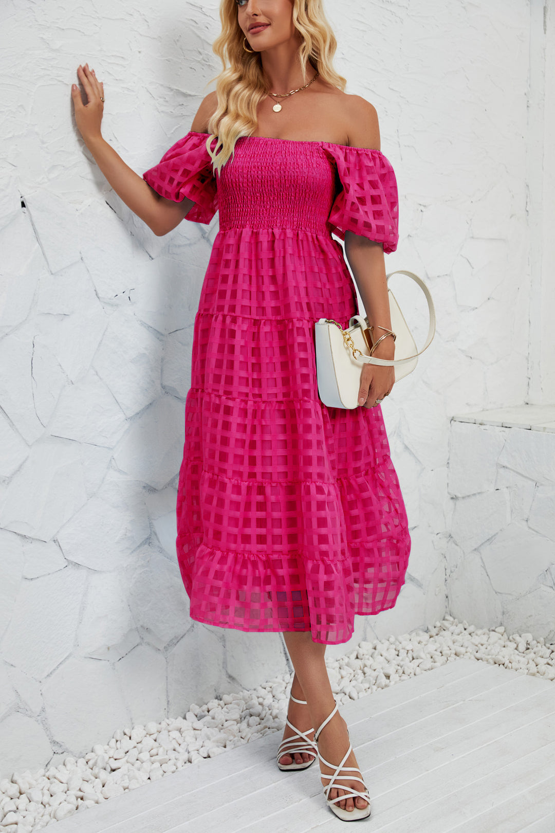 Damen Midi-Kleid mit Puffärmeln und elastischem Taillengürtel Drune