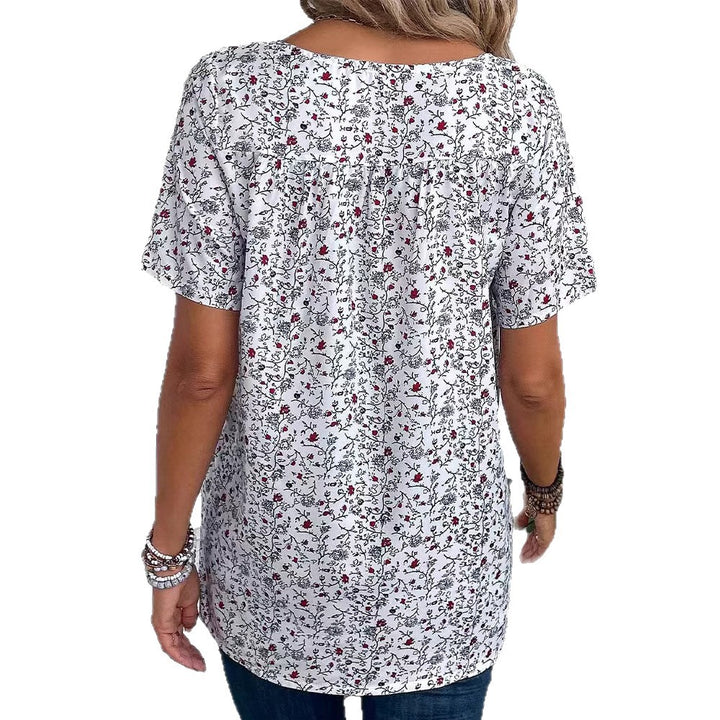 Damen nan lässiges Kurzarm-Tunika-Shirt mit Rundhalsausschnitt, zartem Blumenallover und dekorativen Brustfalten Drune