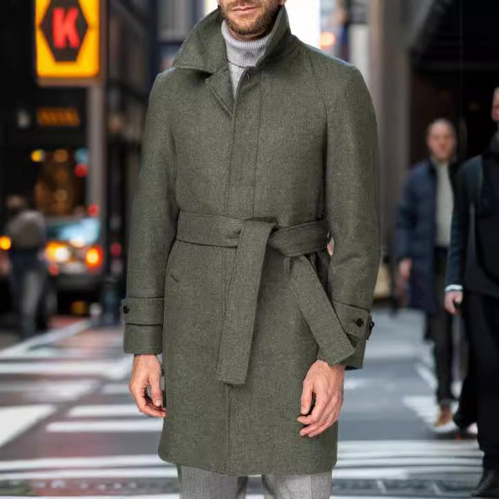 Herren modischer Wolltrenchcoat mit Bindegürtel und großen Taschen Drune