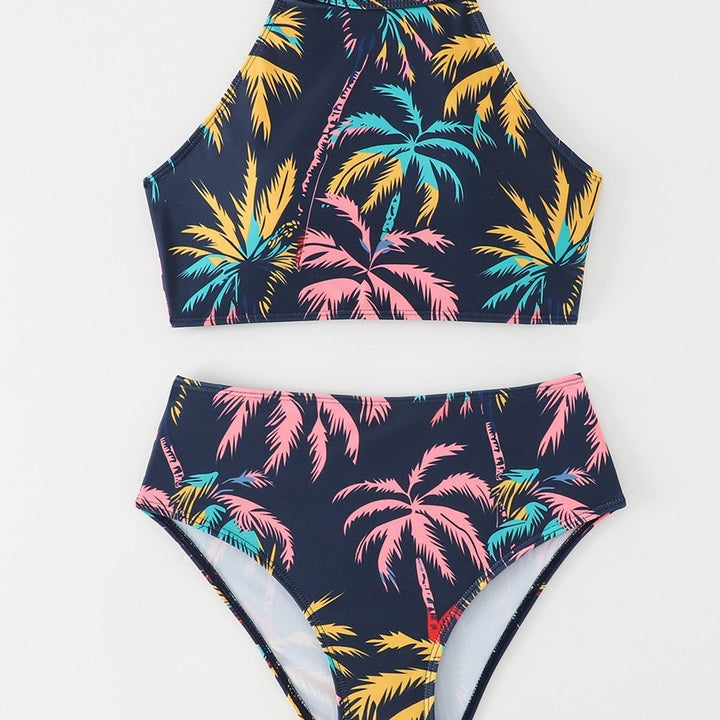Damen Sportliches Bikini-Set mit hohem Kragen und tropischem Design Drune