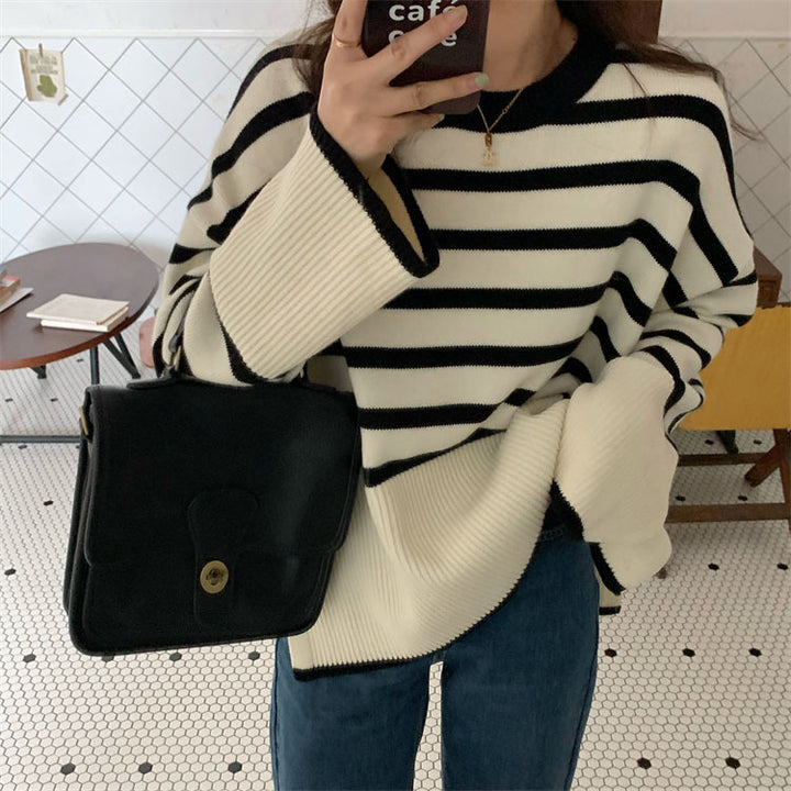 Damen lässiger gestreifter Pullover mit weitem Schnitt Drune