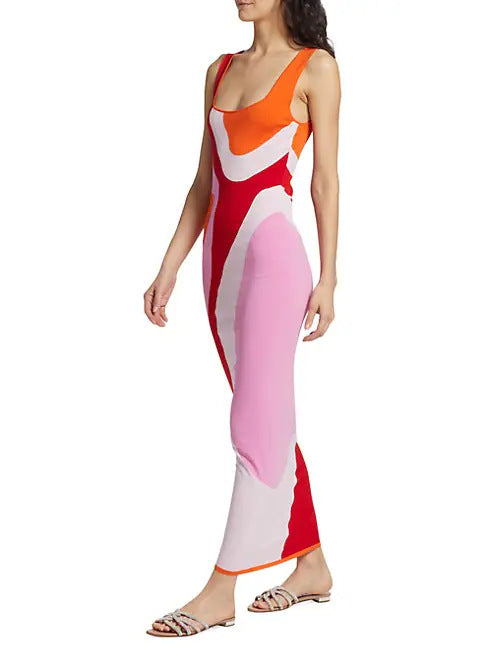 Damen langes figurbetontes Kleid mit quadratischem Ausschnitt und farbenfrohem Muster Drune