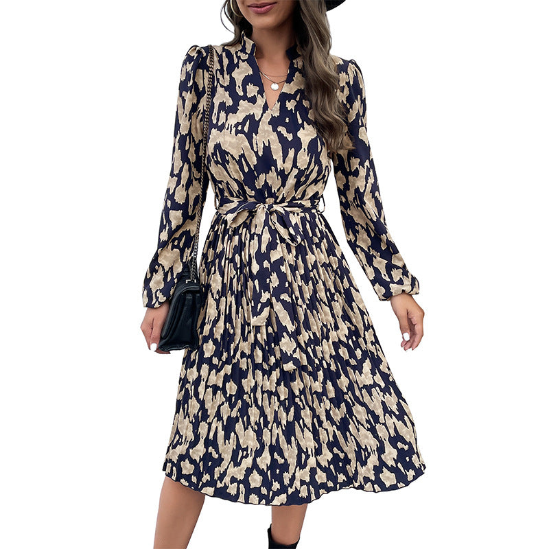 Damen elegantes Maxikleid mit Gürtel und raffiniertem Muster Drune