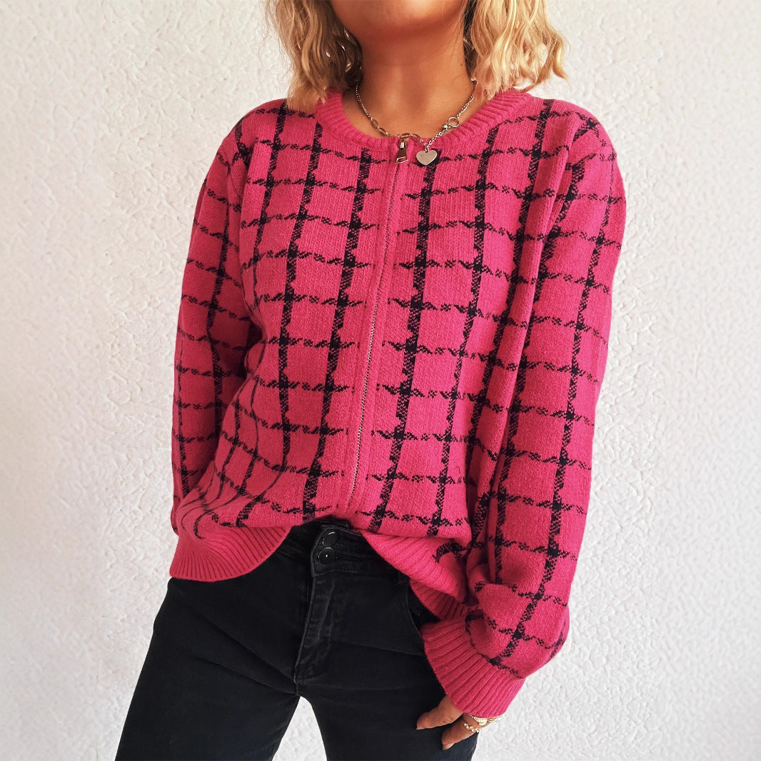 Damen Strickjacke mit modernem Karomuster und praktischen Taschen Drune