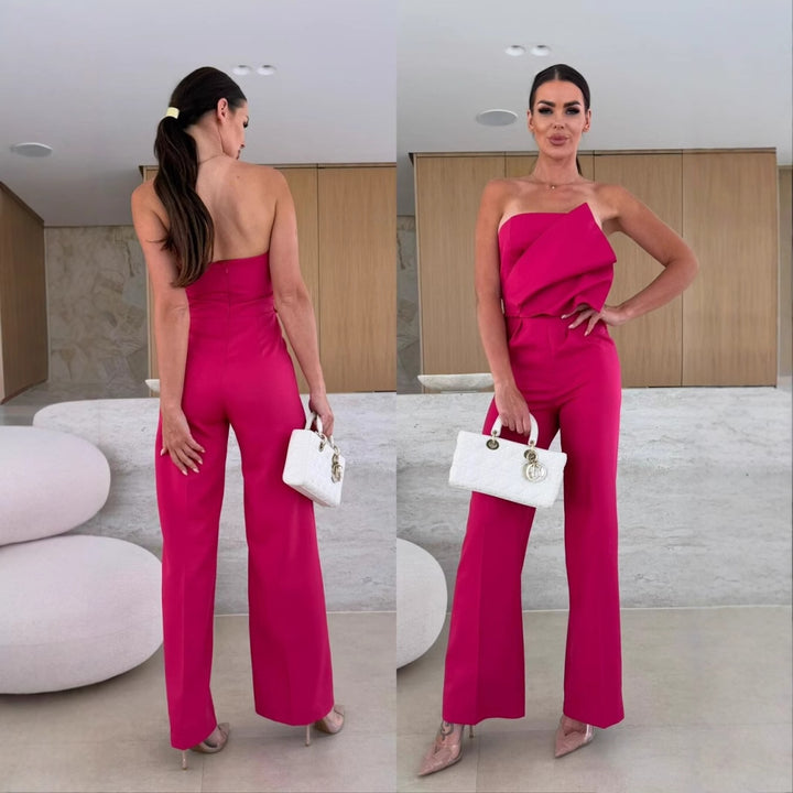 Damen eleganter Jumpsuit mit asymmetrischem Oberteil und weitem Bein Drune