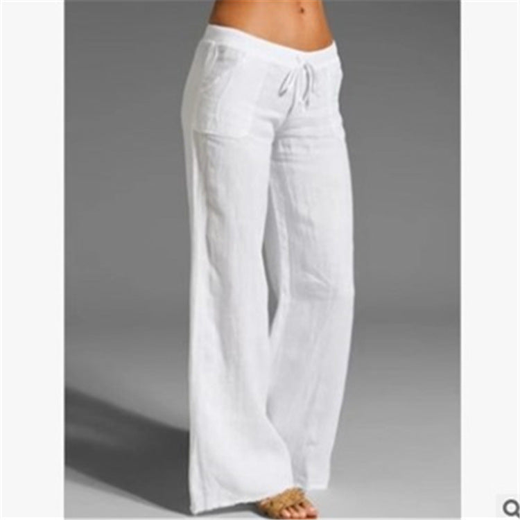 Damen weite Leinenhose mit hochgezogenem Bund und seitlichen Taschen Drune
