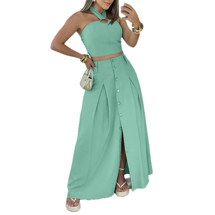 Damen elegantes Crop-Top und Maxirock-Set mit Knopfleiste und Schlitz Drune