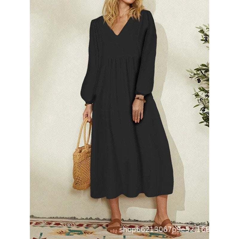 Damen leichtes Maxikleid mit V-Ausschnitt und ballonähnlichen Ärmeln Drune