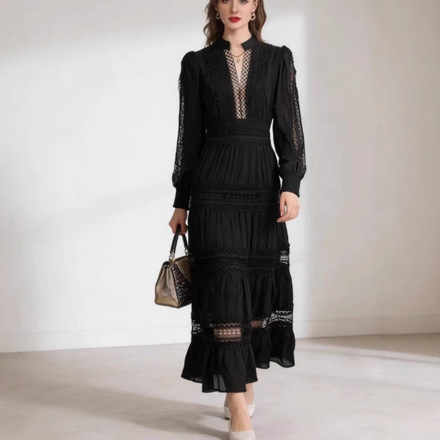 Damen romantisches Maxikleid mit transparenten Einsätzen und Rüschendetails Drune