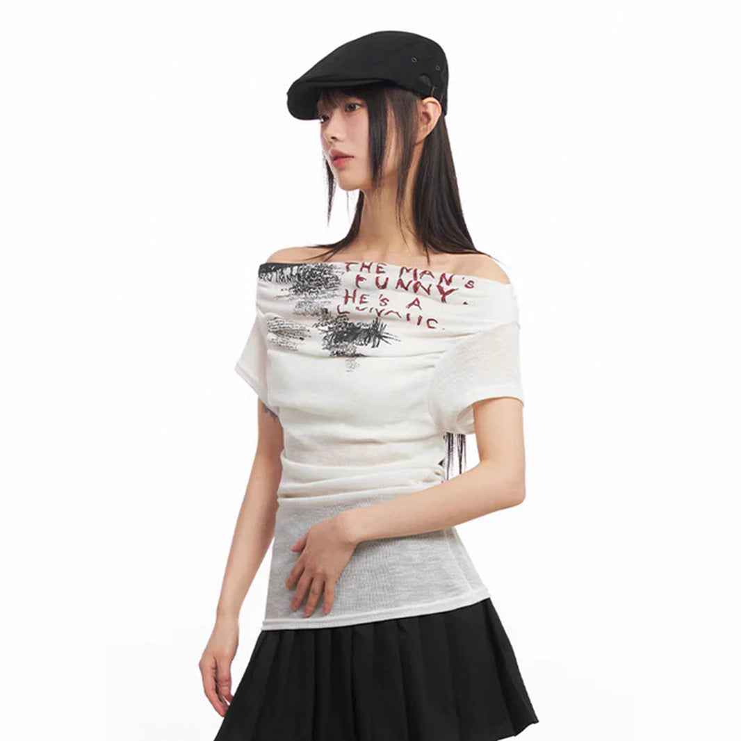 Damen Off-Shoulder Shirt mit grafischem Druck Drune