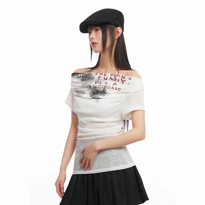 Damen Off-Shoulder Shirt mit grafischem Druck Drune