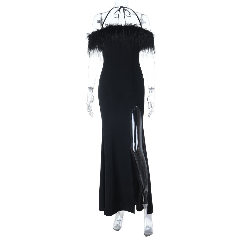 Damen schulterfreies Maxikleid mit Federn und seitlichem Schlitz Drune