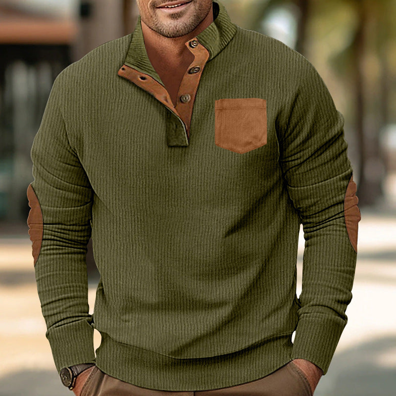 Herren eleganter Strickpullover mit Knopfleiste und kontrastierenden Ellbogenpatches Drune